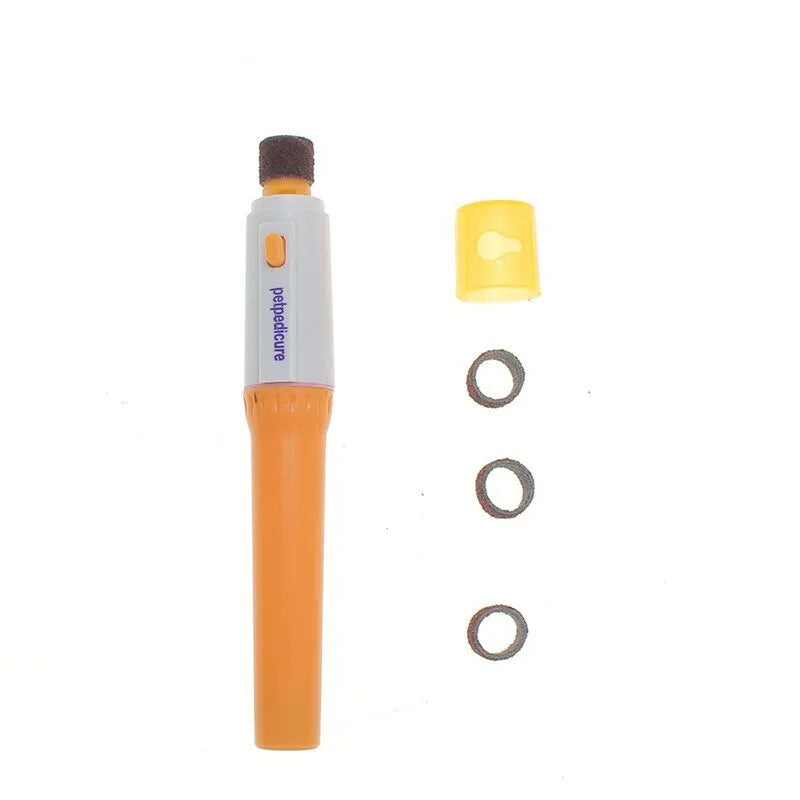 Yellow and white plastic electric pet nail grinder with three replaceable filing wheels and button