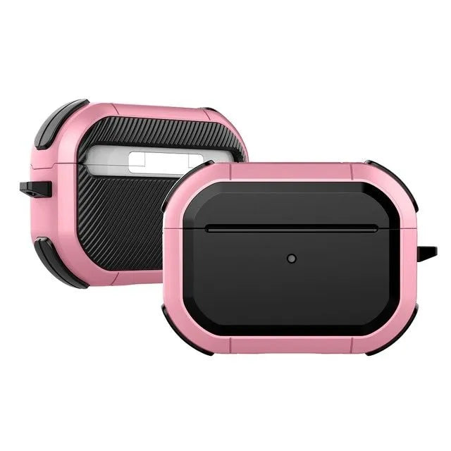 Hard protective shell case for Apple AirPods shown in multiple colours: black, red, pink, green, and yellow.