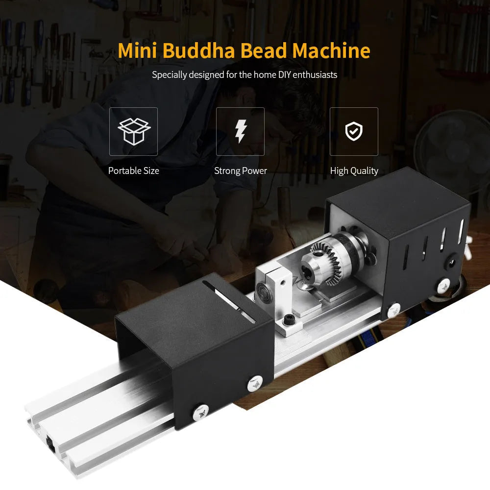 Mini silver metal woodworking lathe with carving knives on benchtop