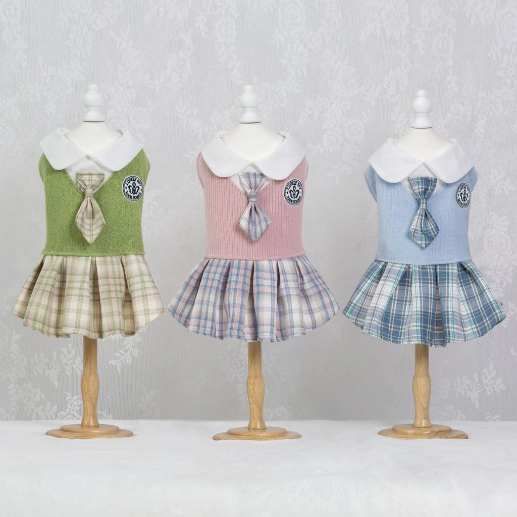 Pink tartan princess skirt for a small dog on a mannequin.