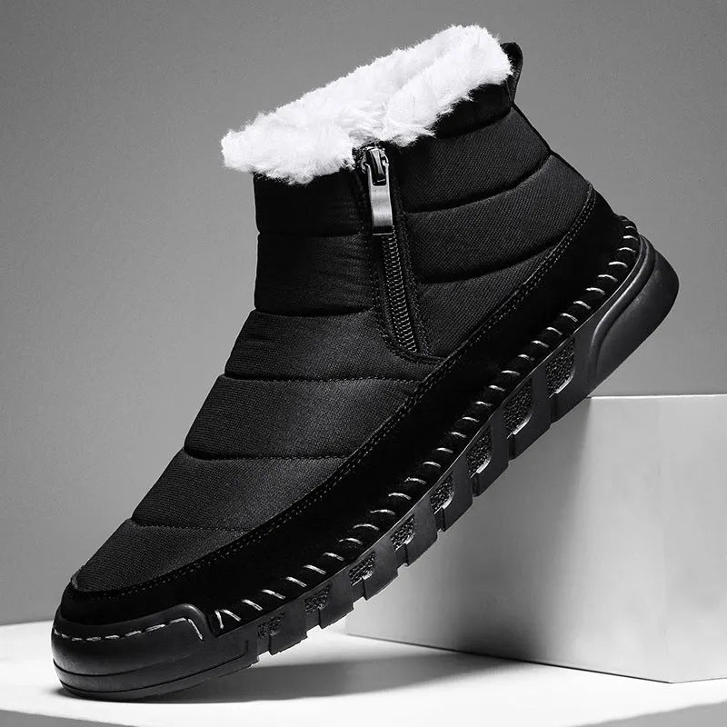 Men's plus size snow boots in black with round toe, cotton cloth upper, and non-slip rubber sole