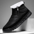 Men's plus size snow boots in black with round toe, cotton cloth upper, and non-slip rubber sole