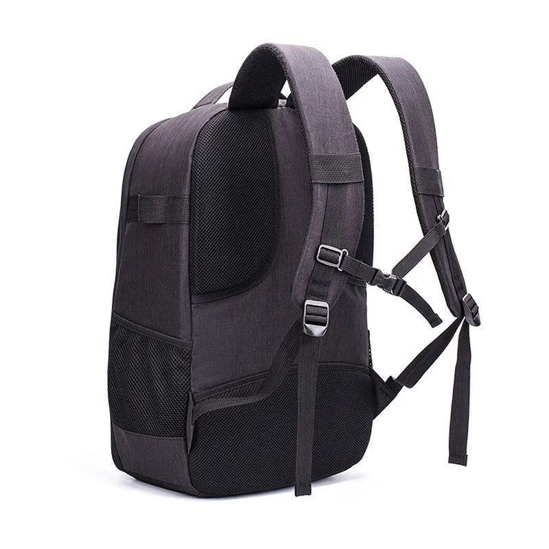 Black oxford cloth drone backpack showing laptop compartment and internal organisation pockets