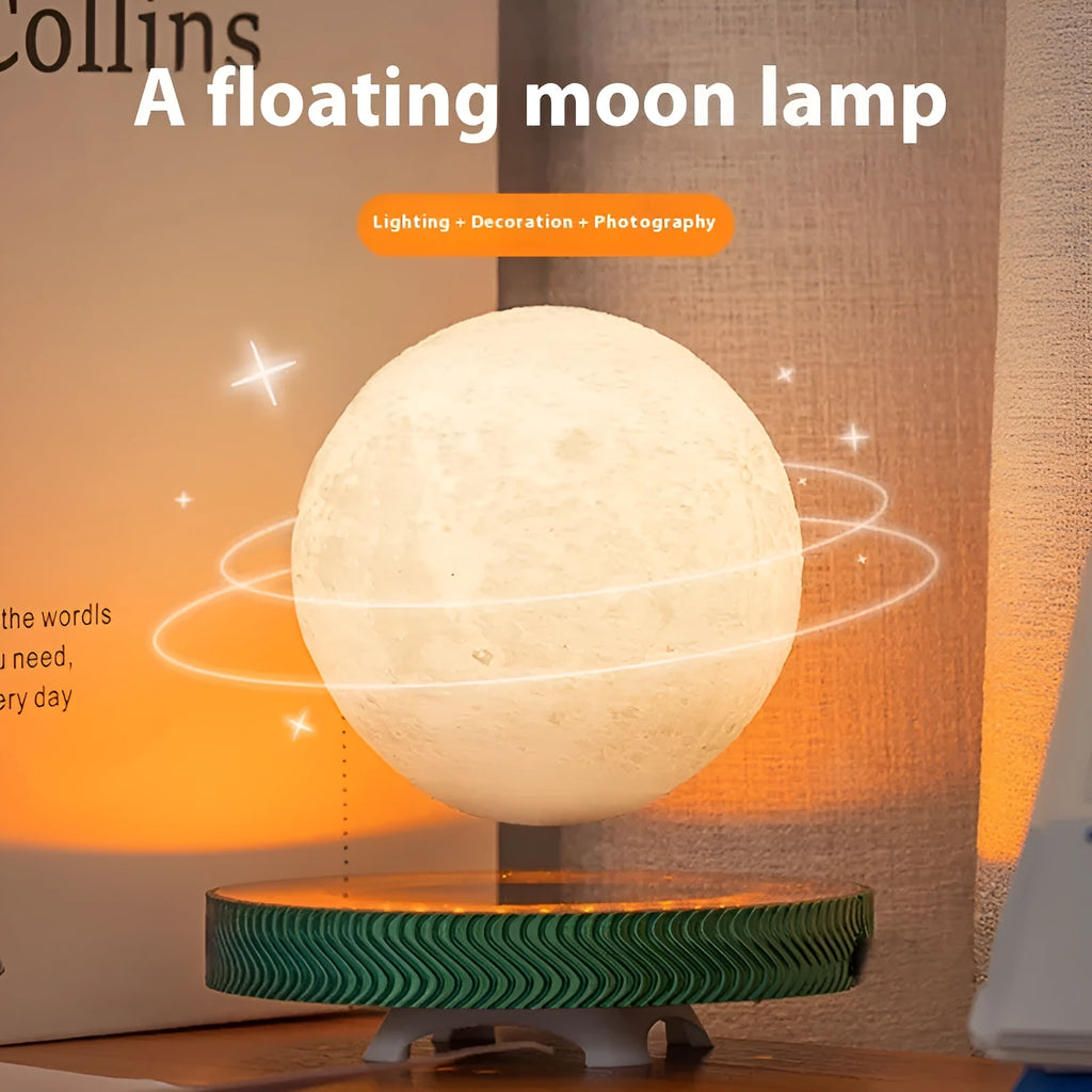 Magnetic levitating moon night lamp with 3D printed texture on a bedside table.