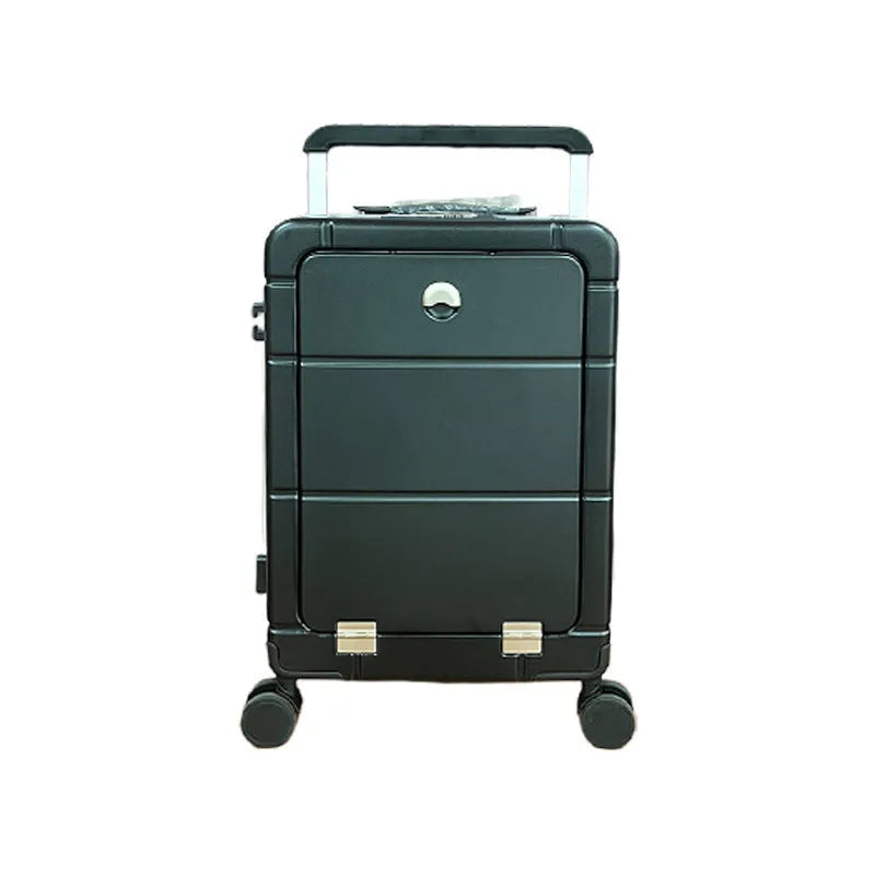 20-inch front opening suitcase in black showing separate dry and wet compartments with universal wheels