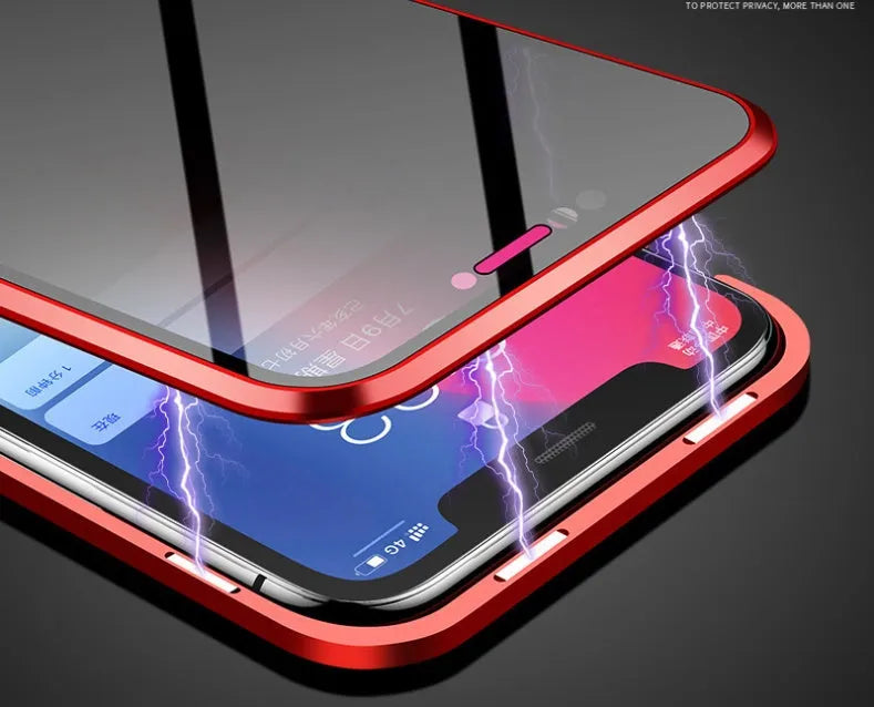 Black anti-peeping magnetic clamshell phone case for Samsung Galaxy S21 Ultra shown open and closed.