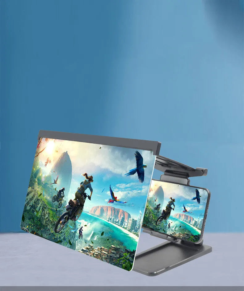 Black 12 inch mobile phone screen amplifier with detachable folding phone holder on desktop