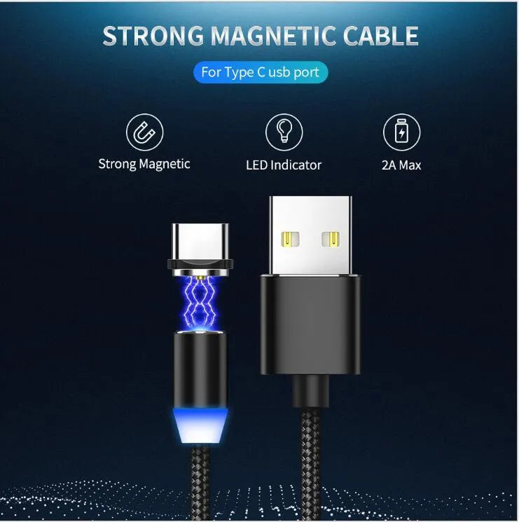 YBD 1 metre cotton braided magnetic charging cable with Lightning, Micro USB and Type-C connectors.