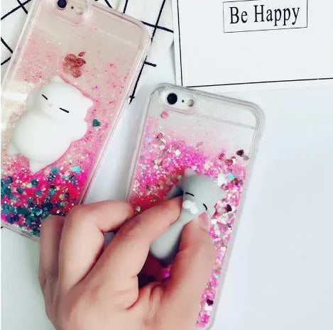 Glittery cat design phone case on an iPhone, showing bright colours and full port access.