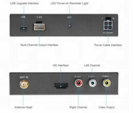 Black car Wi-Fi mirror link box converter with power cable, AV cable, antenna, and manual.