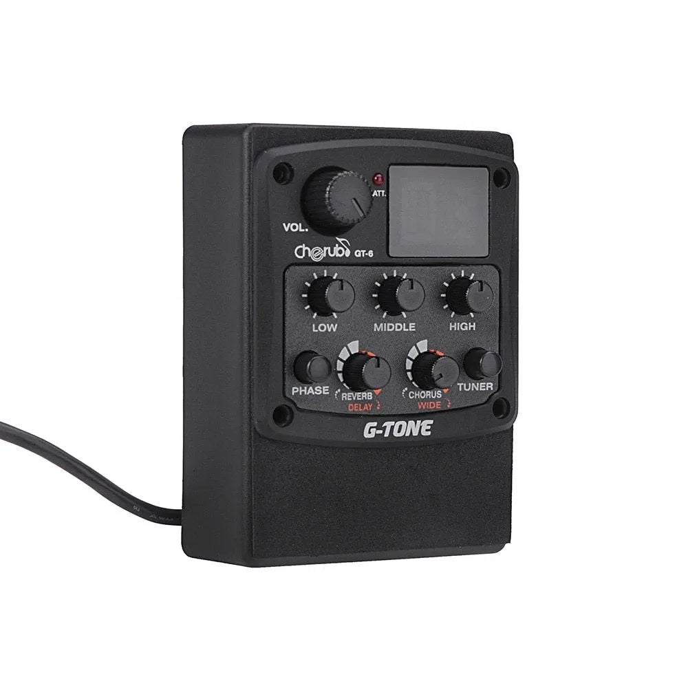 Black Cherub GT-6 acoustic guitar EQ equalizer and piezo pickup with control knobs for effects and tone.