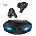 Blue K55 wireless Bluetooth gaming earbuds showing earplug design for mobile gaming.