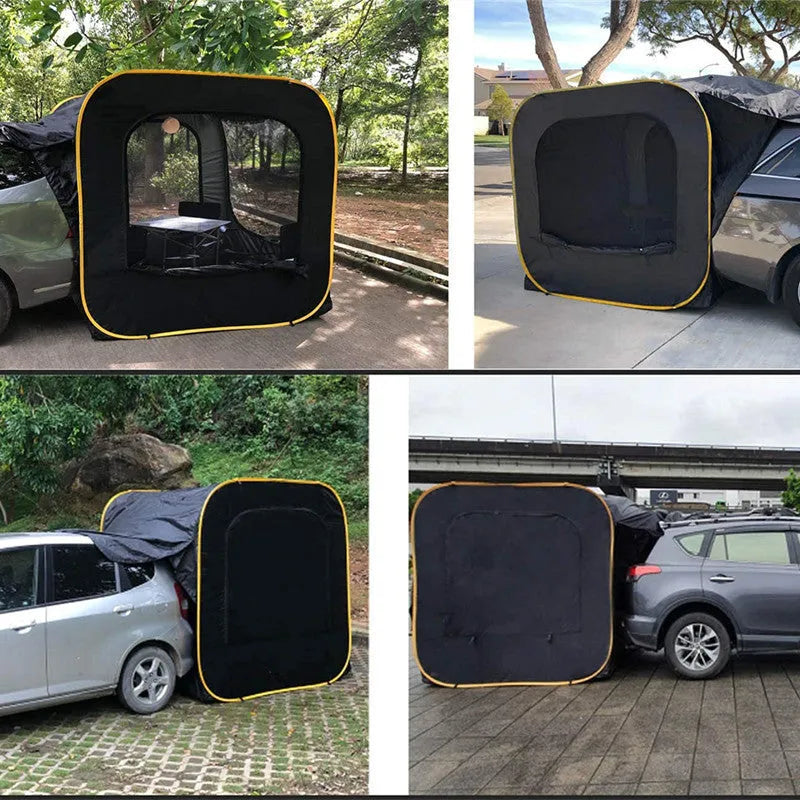 Pop-up outdoor camping car tail tent in black, unfolded to 200x200x200cm with steel frame and Oxford cloth body