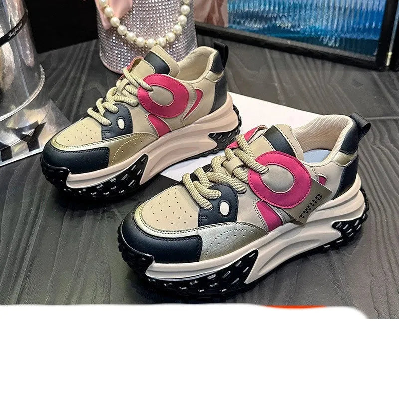 Thick-soled leather sports casual shoes with wedge heel and round toe in four colour options