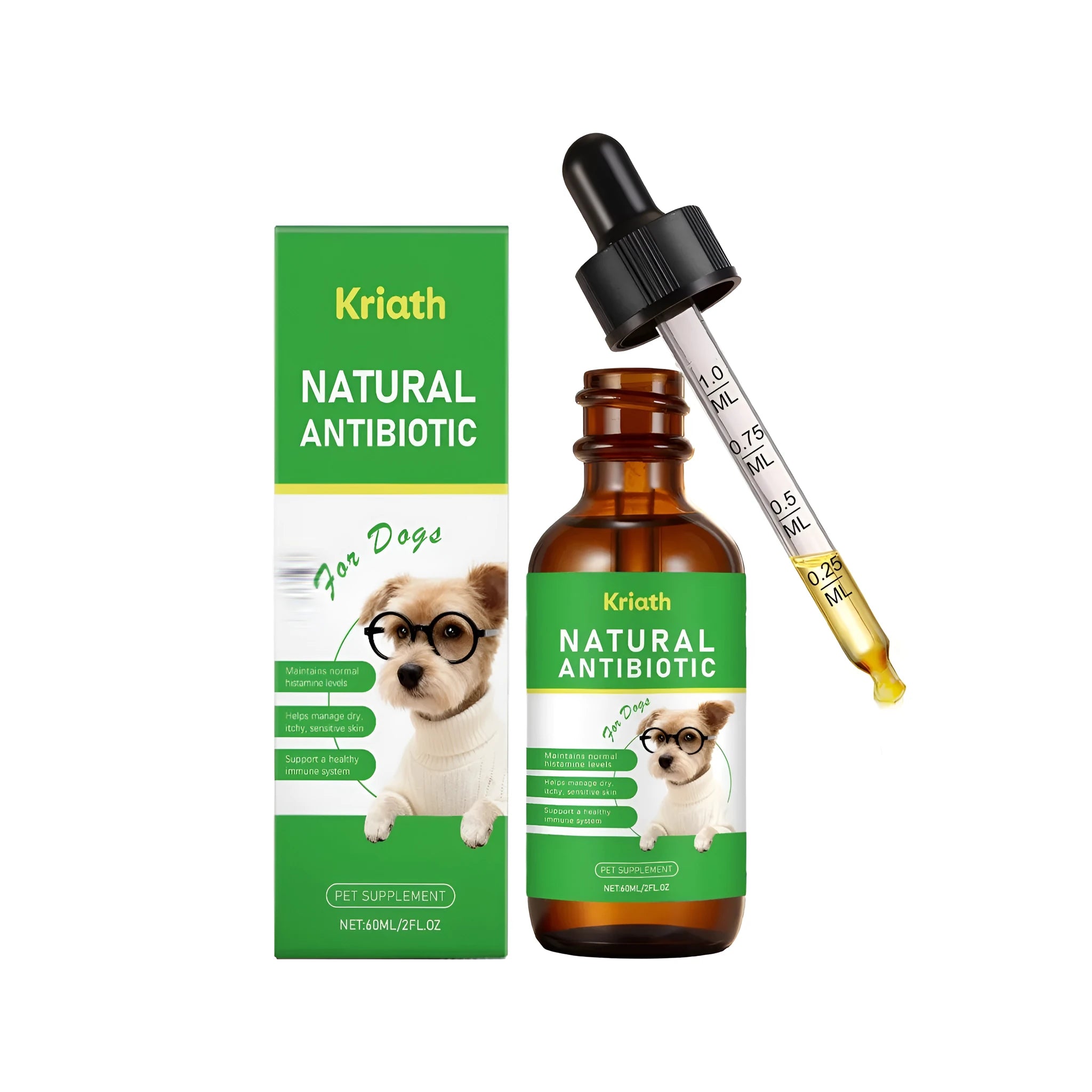 Dog Immune Health Herbal Drops 60ml bottle with dropper, containing marshmallow root, apple vinegar, and ginger extracts