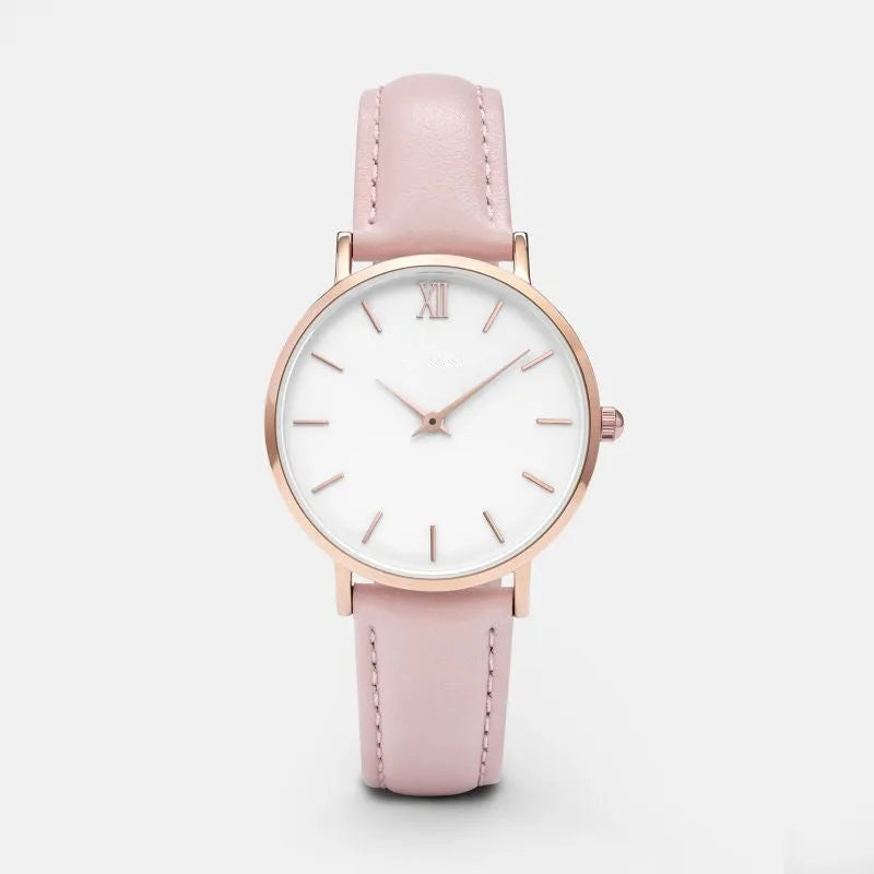 Square-faced quartz watch with a PU leather strap, shown in available colours on a wrist.