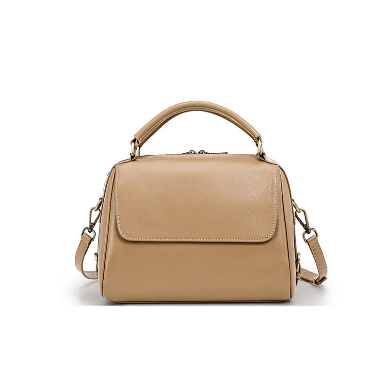 Women's genuine leather crossbody tote bag in cross square shape with double shoulder straps