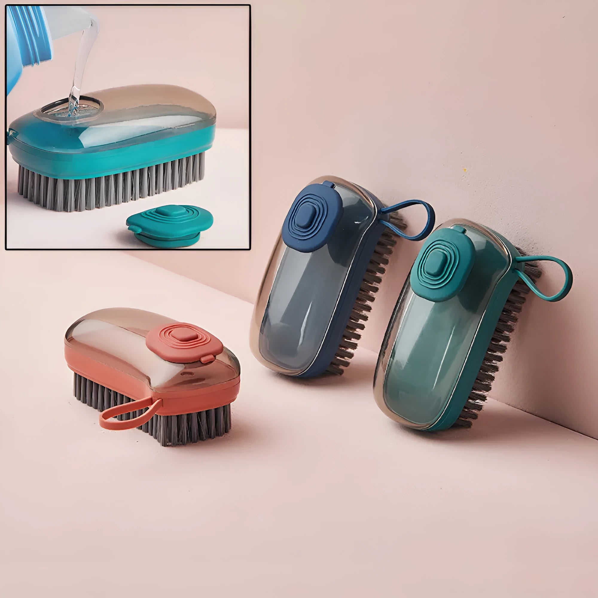 Multifunctional automatic liquid cleaning brush with ergonomic grip in blue showing built-in reservoir and soft bristles