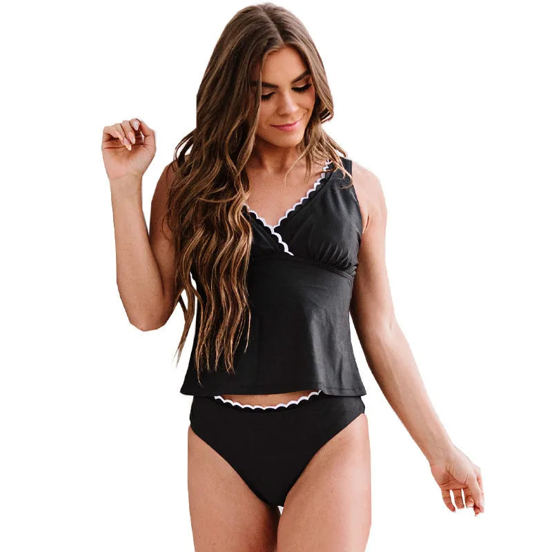 Black women's split swimsuit bikini on white background showing front view