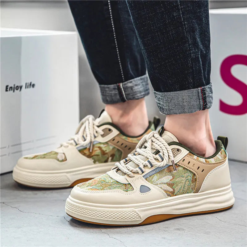 Beige and Milan green canvas casual shoes with flat heel and round toe on a plain background.