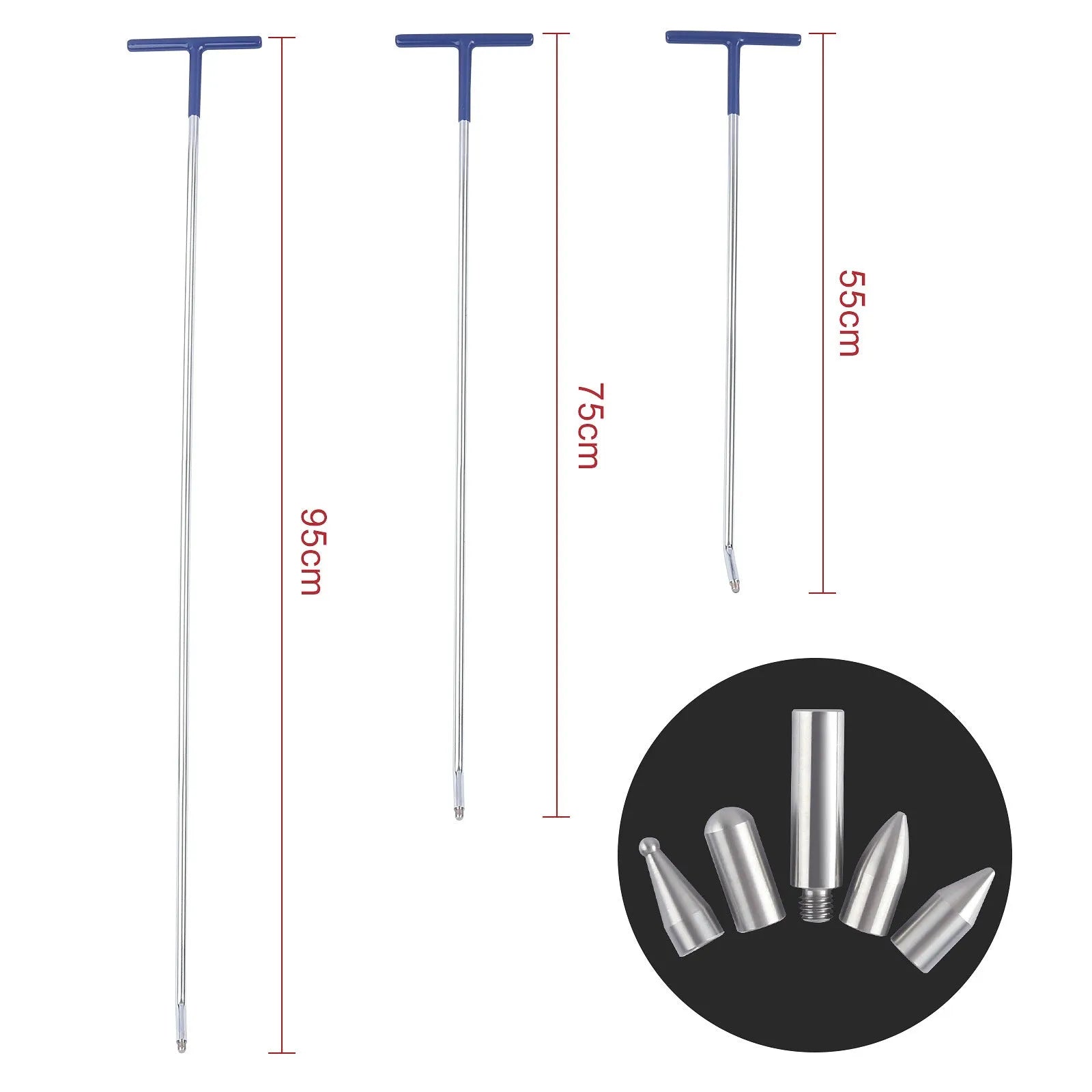 Three-piece alloy steel car dent repair tool set with hook and crowbar on a workshop bench.