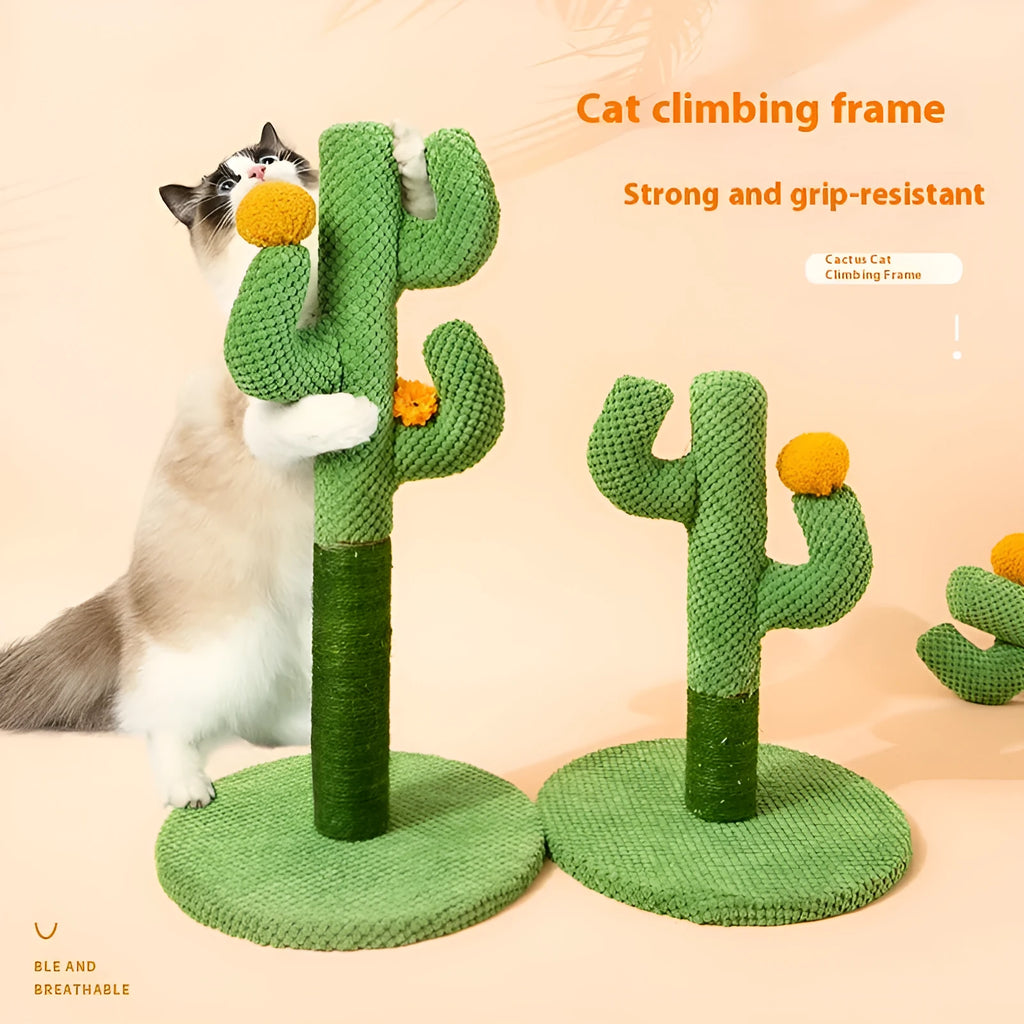 Cactus-shaped cat scratching climber and flat coconut tree scratch board made from cotton thread.