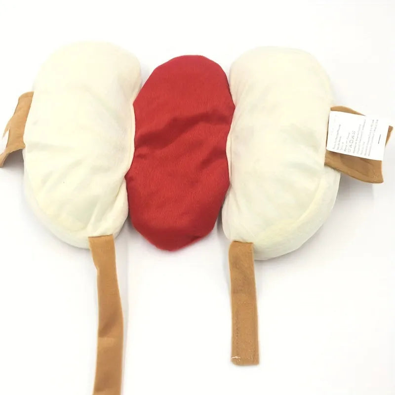 Red and brown plush hot dog costume on a small dog, showing velcro neck fastening.