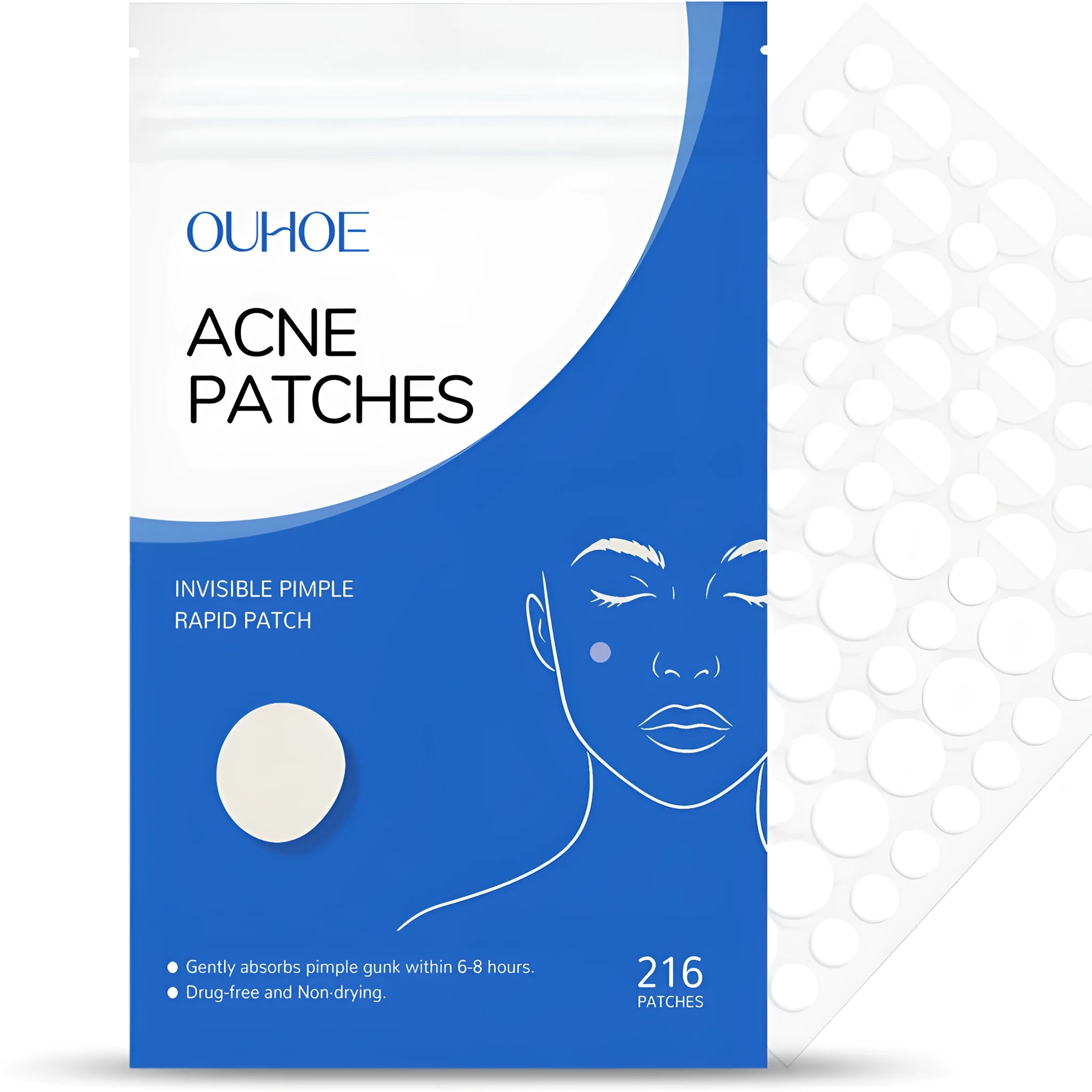 Pack of 216 hydrocolloid acne patches for pimple treatment with tea tree oil and salicylic acid.