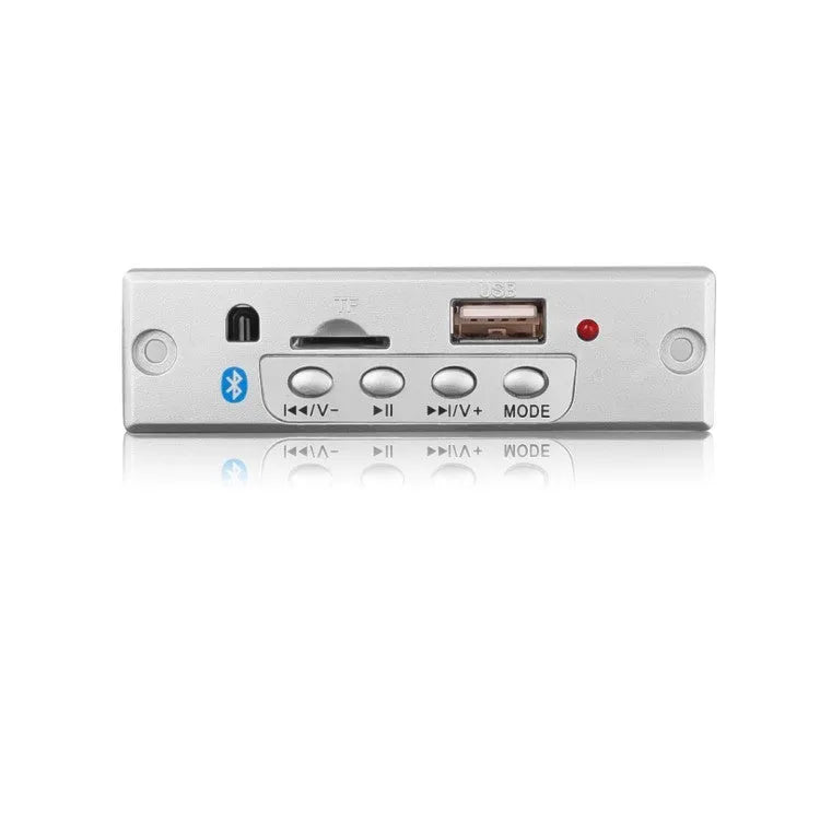 White 12V car Bluetooth MP3 decoder with TF card and USB ports, FM radio, and infrared remote control