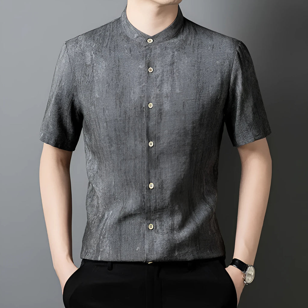 Men's grey linen blend short sleeve cardigan shirt with stand collar on a hanger