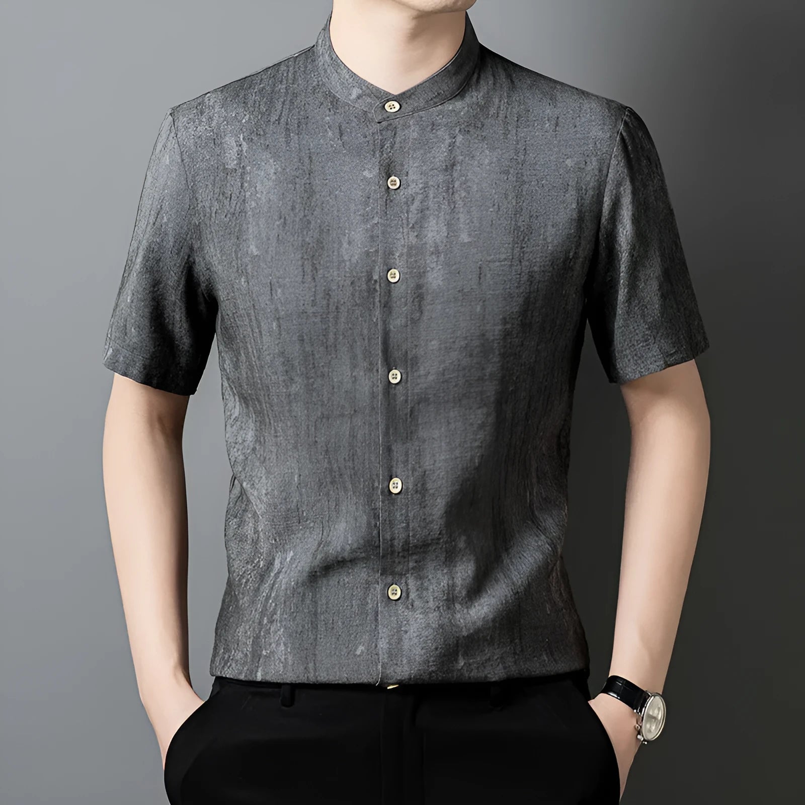 Men's grey linen blend short sleeve cardigan shirt with stand collar on a hanger