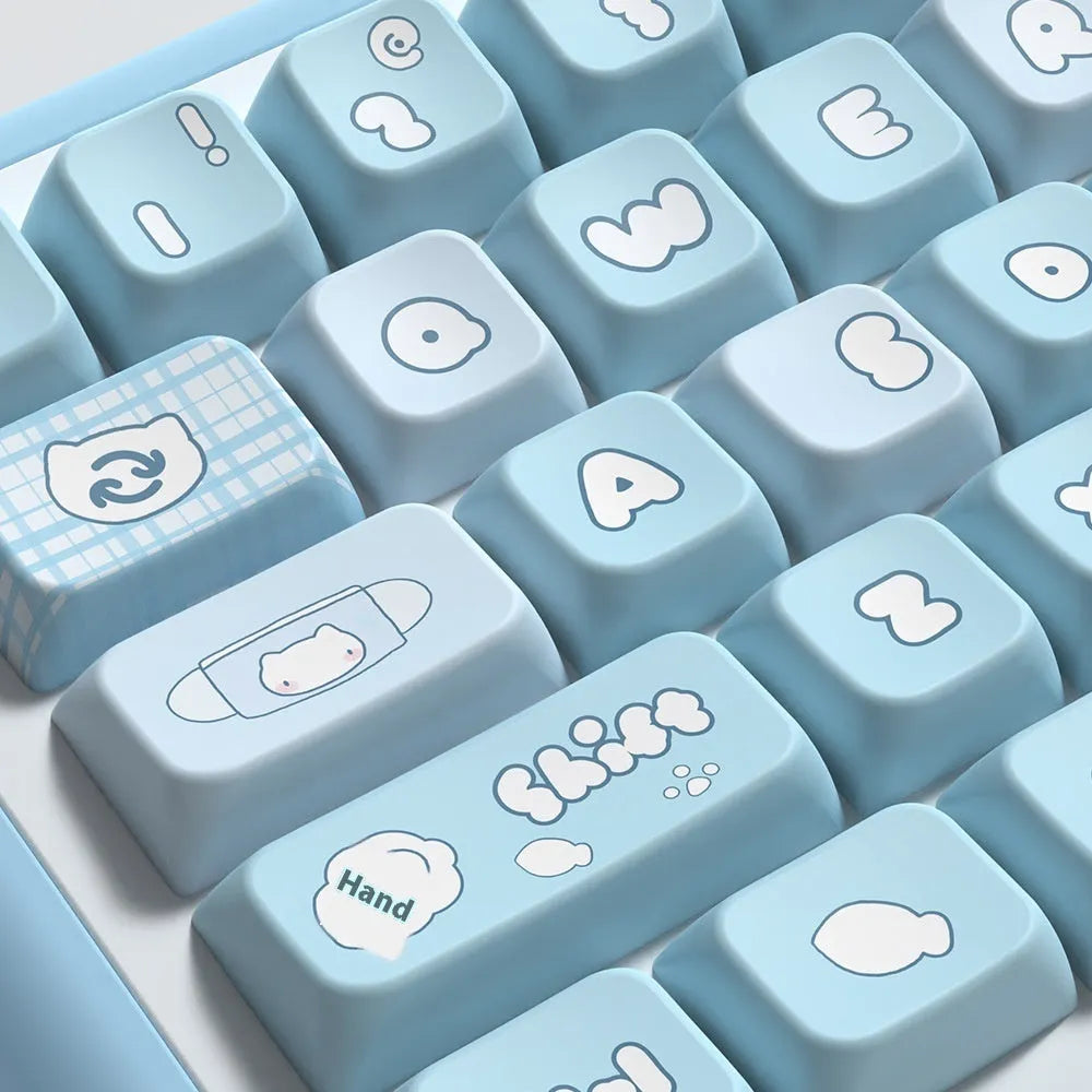 Watercolour kitten design custom PTB keycap set for mechanical keyboards, showing 138-key and 158-key options.