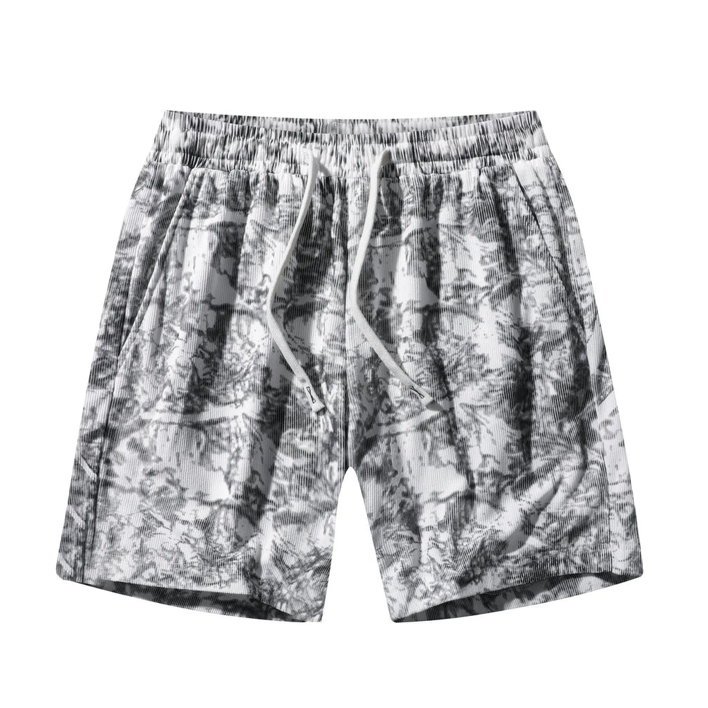 Men's black corduroy camouflage pattern athletic shorts with a high waist and straight-leg design on a mannequin.