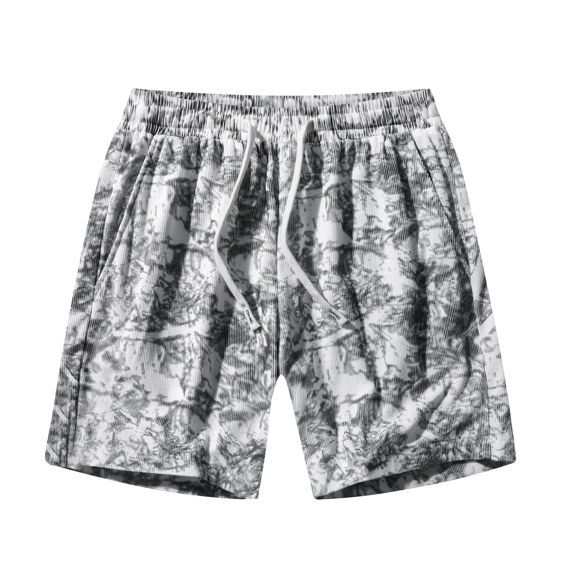 Men's black corduroy camouflage pattern athletic shorts with a high waist and straight-leg design on a mannequin.