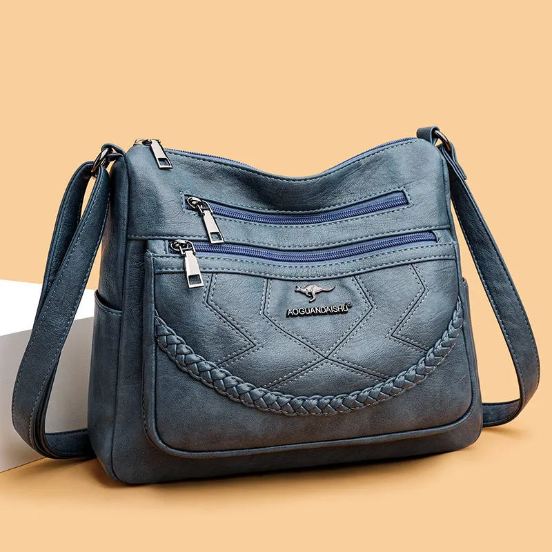 Women's soft leather crossbody shoulder bag in horizontal square design with large capacity