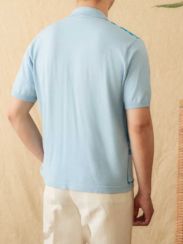 Short-sleeved knitted polo cardigan with lapel collar and blue striped pattern laid flat
