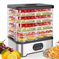 Silver and red household food dehydrator with eight stacking trays showing compact and expanded sizes.
