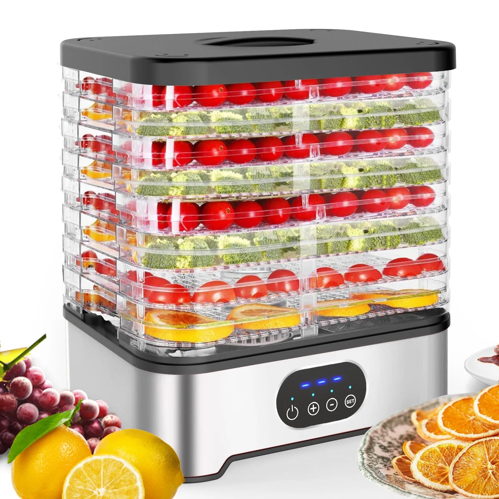 Silver and red household food dehydrator with eight stacking trays showing compact and expanded sizes.