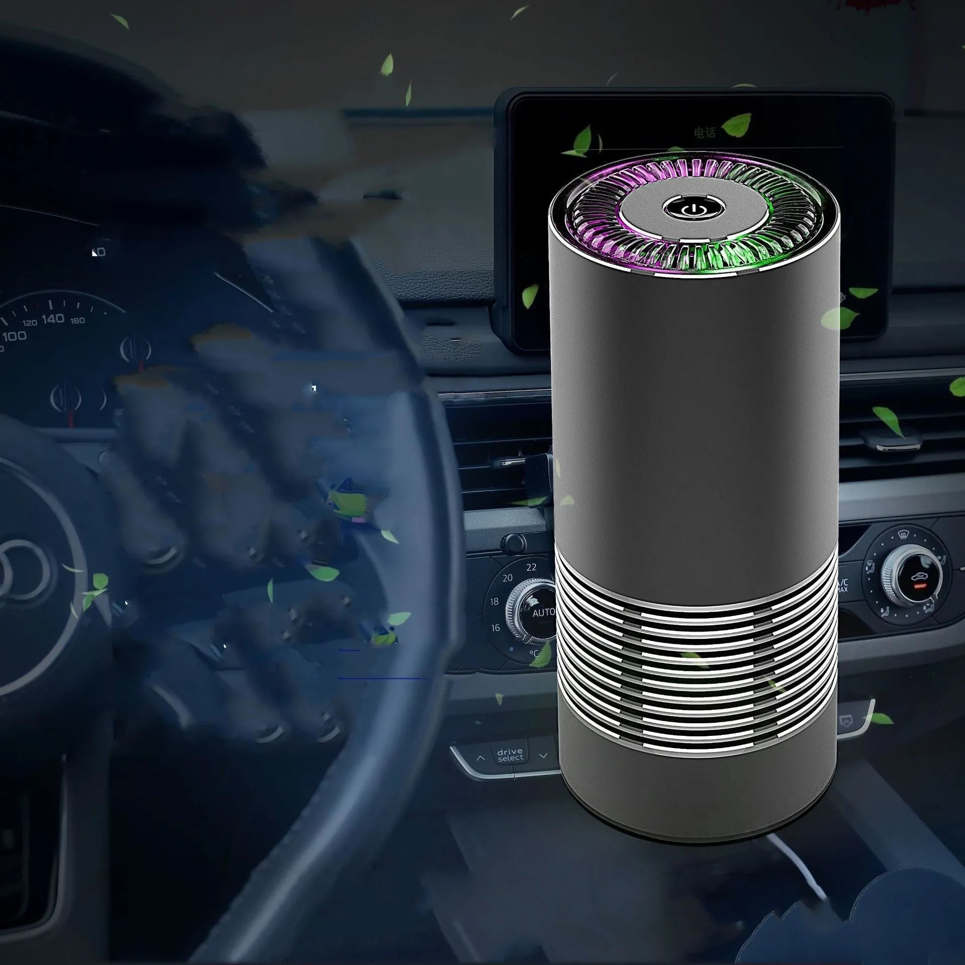 Car indoor wireless air purifier in aluminium alloy and ABS, 65x150mm, available in black silver and metallic grey