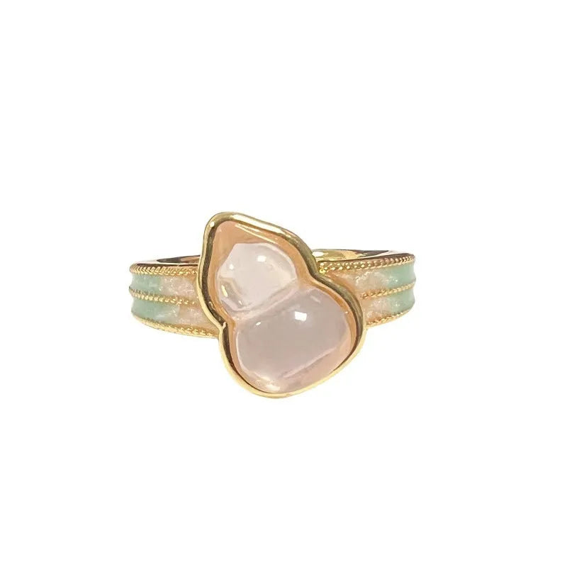 Copper adjustable ring with gourd motif, flower and bow shape, inlaid zircon, and vintage oil drip finish.