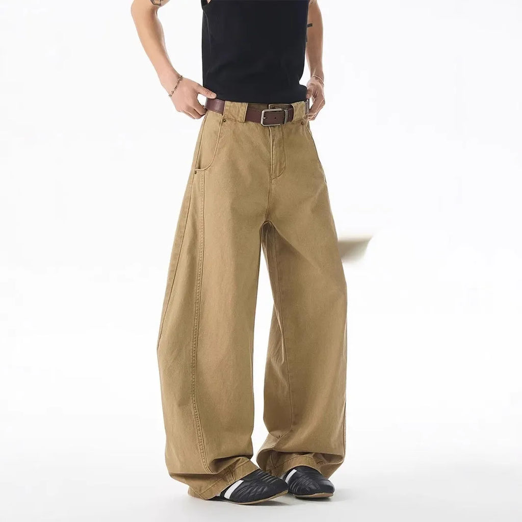 Men's brown loose straight-leg jeans with micro-elastic waist and cardigan button fly