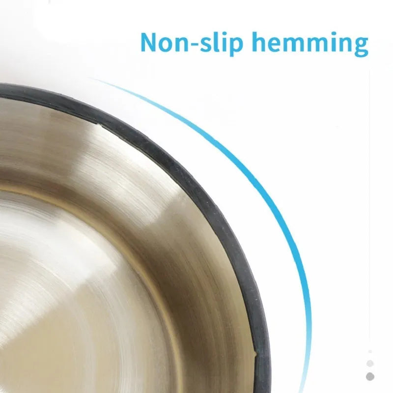 Stainless steel pet bowl inside a colourful melamine pot with a non-slip rubber ring base.