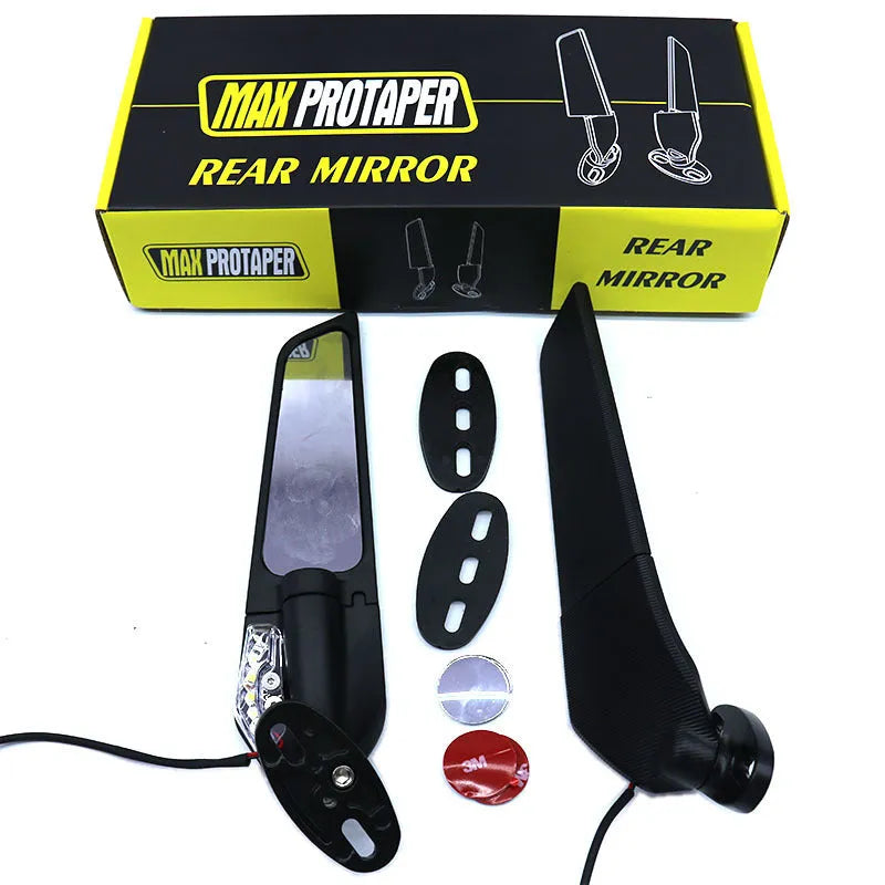 Pair of yellow-reflector aluminium alloy motorcycle rearview mirrors with convex lenses.