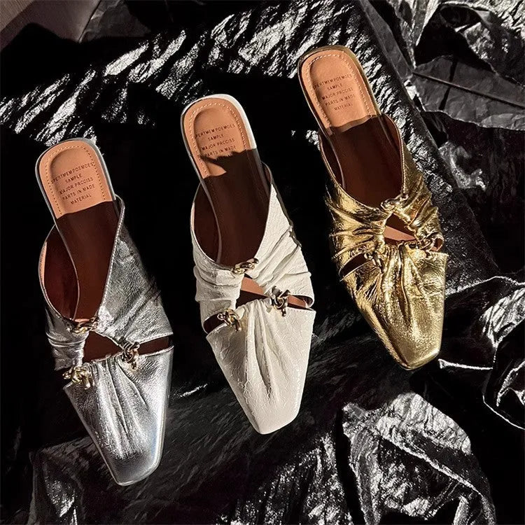 Genuine leather half toe cap slippers, low heel, TPR sole, square head, Beige colour