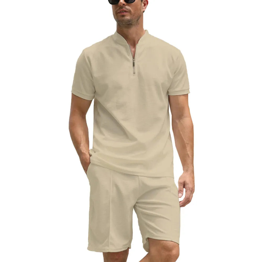Men's solid colour polo shirt suit two-piece set with short sleeves in beaded bird's eye fabric