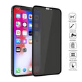 Black anti-peeping tempered glass screen protector for iPhone, front view with privacy filter visible at side angle