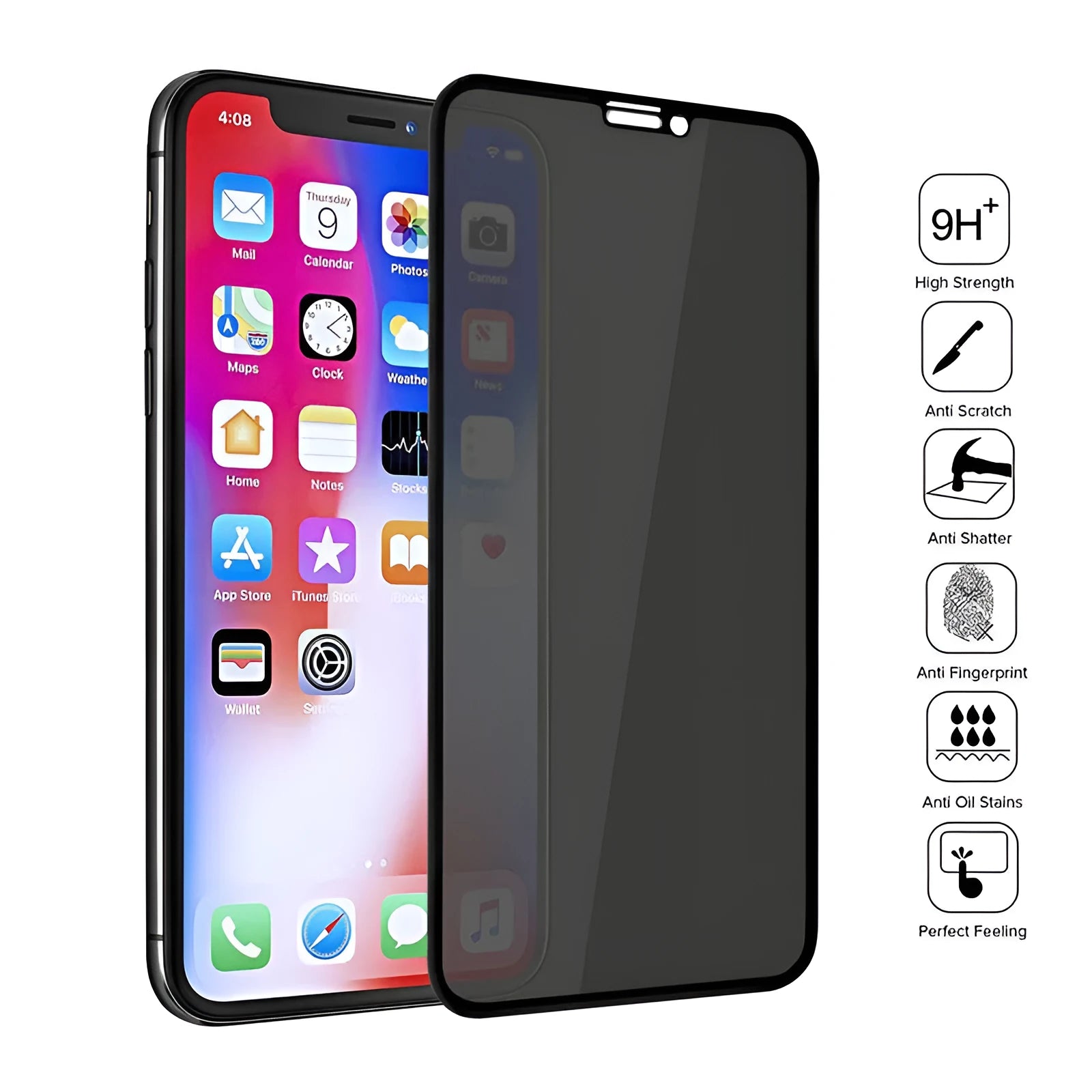 Black anti-peeping tempered glass screen protector for iPhone, front view with privacy filter visible at side angle