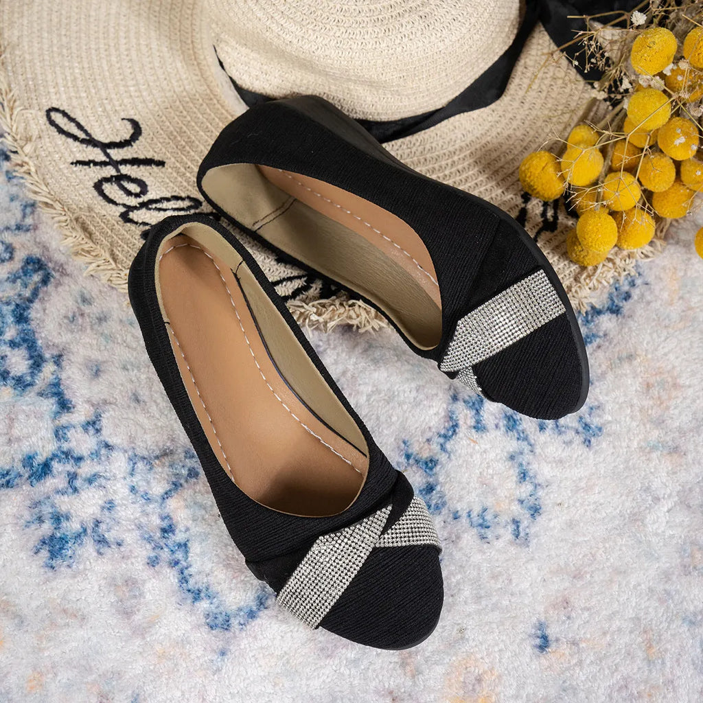 Black women's slip-on casual shoes with rhinestone decoration and chunky 6-8cm heel