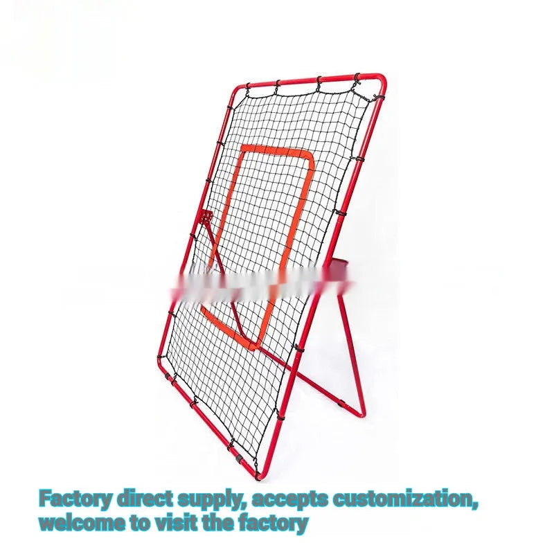 Red adjustable portable baseball training net with a 4ft by 6ft catching area and metal frame.