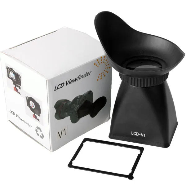 Black camera LCD viewfinder with magnification lens mounted on a DSLR camera.